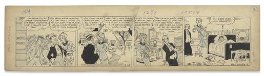 Chic Young Hand-Drawn Blondie Comic Strip From 1933 Titled A Satisfied Customer -- Blondie & Dagwood Buy Furniture for Their New Home, Including a Bed That Dagwood Tests Out